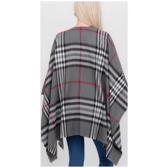 Gray Plaid Print Poncho Shawl Wrap - Picture 2 of 2